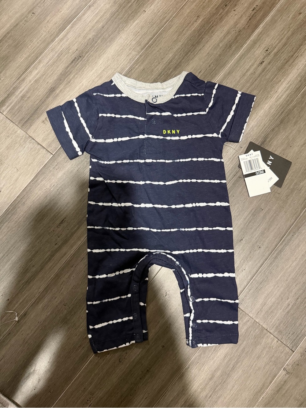 DKNY Navy & White Striped Baby Footed One-Piece Romper